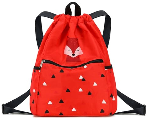 Ryushoyo Kids drawstring bag swim Cloth storage bag for boys and girls sports beach camp backpack Fox Red