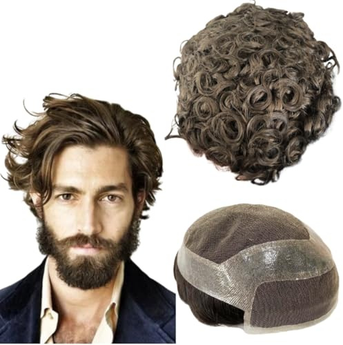 Toupet für Männer, Echthaar-Perücken, Herren-Toupet mit weichen, Periphere PU+feinen Schweizer Spitzenhaareinheiten, 10 mm gewelltes Herren-Perücke-Toupet-Haar,10 x 8 (#4 Hellbraun)