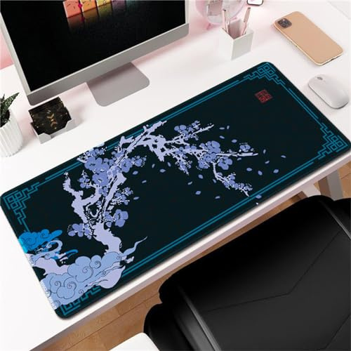 Hixingo Tapis de Souris XXL Fleur de Prunier du Japon, Gamer avec Bords Cousus, Base Antidérapante pour Gaming et Maison (1000x500x3mm, Bleu)