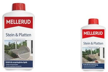 MELLERUD Stein & Platten Imprägnierung | 1 x 1 l & Stein & Platten Intensivreiniger | 1 x 1 l | Effizientes Reinigungsmittel zum Entfernen von Schmutz auf Allen Steinoberflächen im Außenbereich