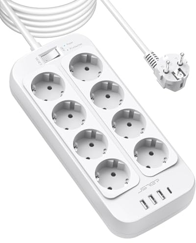 JSVER 8 Uttag (3680W, 16A) Grenuttag med 4 Laddningsportar, överspänningsskydd med Switch 5M-kabel för Smartphones och Bärbara Datorer-Vit