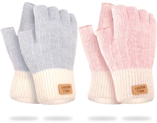 Partideal Fingerless Gloves For Women,Winter Thermal Gloves Warm Soft Knit Half Fingers Mittens for Ladies Driving Working Typing(Gray+Pink)