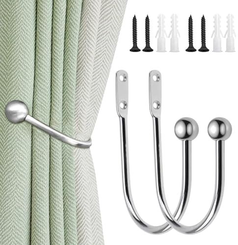Uskerb 2 Pieces Curtain Tie Backs Hooks - Wall Mounted Curtain Holdbacks with Screws - Chrome Curtain Tie Back Hooks for Home Decor - Silver