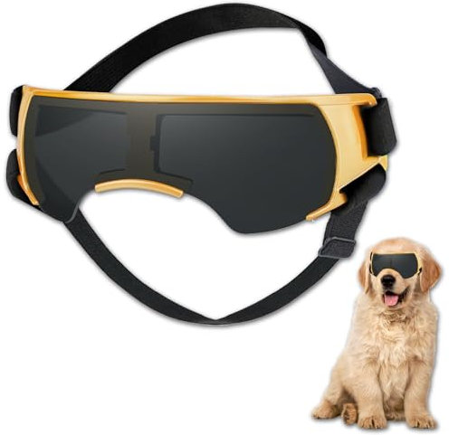 Duuclume Lunettes de soleil pour chien, protection UV pour chiens de petite et moyenne race, coupe-vent, anti-buée, avec sangle réglable pour l'extérieur, les voyages, l'équitation (jaune)