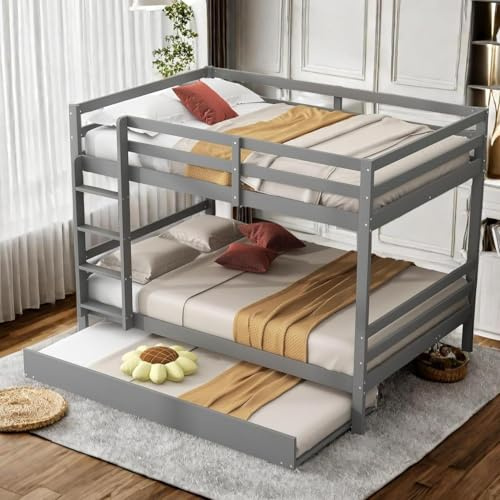 Kabinenbett für Kinder, 140 x 200, Etagenbett für Kinder, sturzsicher, Hochbett, 2-Sitzer, 140 x 200 cm, Kinderbetten, Etagenbett mit Ausziehbett, hohe Leiste, stabile Treppe, grau