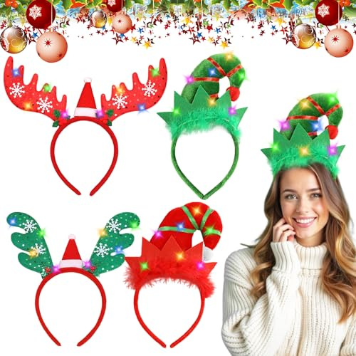 4 Stück Weihnachts Haarreif, Beleuchtete Weihnachten Stirnbänder mit LED, Haarreif Weihnachten, LED Geweih Haarreife Weihnachtself Haarschmuck, Leuchtender Weihnachts Kopfschmuck für Erwachsene