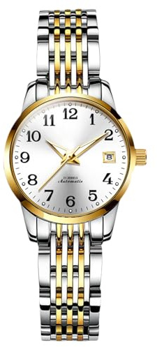 RORIOS Montre de Poignet Dames Mécanique Montres Élégant pour Femmes Montre Bracelet Minimaliste Automatique Montre Mode Acier Inoxydable Blanc A