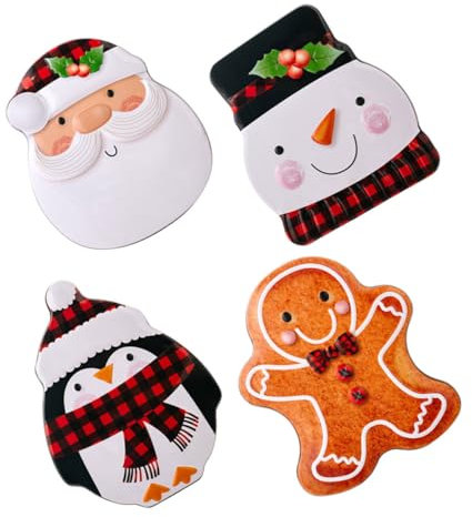 PHENOFICE Christmas Candy Tins and Biscuit Boxes Set, 4pcs Small Tinplate Storage Boxes Lids, Festive Snowman Gingerbread Design for Xmas Party Treats and Packaging