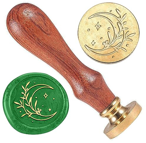 DELORIGIN Crescent Moon Wax Seal Stamp, Moon with Olive Leaf Wax Stamp 1 Removable Brass Stamp Head with Wood Handle for Party Wedding Gift Packaging Greeting Cards Decoration
