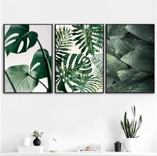 AdoDecor Stampa su tela Muro di piante tropicali Quadro camera da letto,Quadri moderni soggiorno Poster e stampe nordiche con foglie verdi fresche e grandi Stampe da parete(Incorniciato)