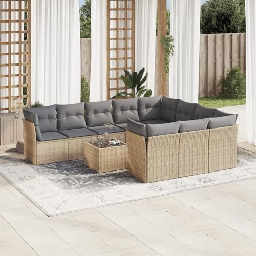 ShGaxin 11-TLG. Garten-Sofagarnitur mit Kissen Beige Poly Rattan, Lounge Gartenmöbel Set, Möbelsets, Balkon Möbel, Gartenlounge, Gartensofa - 3218229