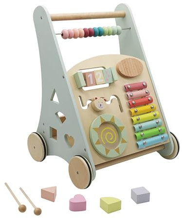 Lauflernwagen aus Holz für Babys, Lernspielzeug, fördert motorische Fähigkeiten, Lauflerner ~Activity Walker ~ Baby Walker aus Holz mit Xylophon und Holzsteckspiel (Pastellgrün/Natur)