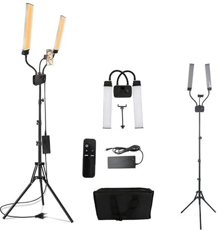 Lámpara de pestañas de doble brazo, kit de luz de pestañas LED, lámpara de belleza de 45 W, iluminación de estudio con trípode ajustable y soporte de teléfono, 3000 K-5600 K, para maquillaje,