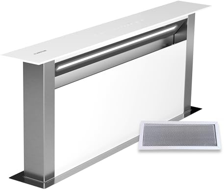 Klarstein Royal Flush Eco 75 Downdraft-köksfläkt - Energiklass A++, Luftflöde 714 m³/h, Touchpanel, LED-ljus, Rostfritt stål & glas, Vit
