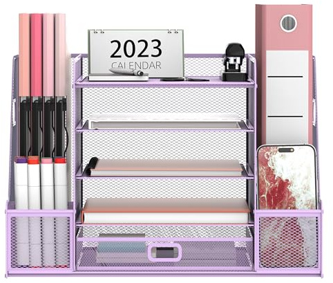 SUPEASY Grille - Organiseur de bureau avec porte-fichiers, 5 couches - Porte-papier et boîte aux lettres avec porte-magazines, organiseur de bureau et rangement avec tiroir - Violet