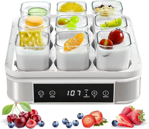 OZMDXKJ Yogurtera AutomáTica Digital con Control De Temperatura Y Tiempo Ajustables, 9 Frascos De Vidrio De 52 Oz, De Acero Inoxidable, para Yogur Griego Casero Y Vegano