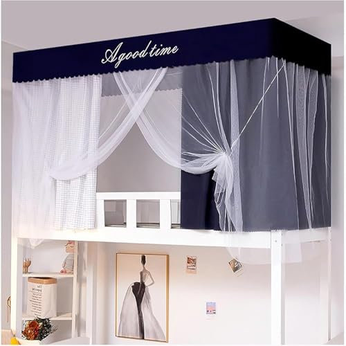 Sichtschutz Bettrahmen mit 4 Eckpfosten, Betthimmel, Rahmen für Etagenbett, Doppelbett, Etagenbett, Zelt, Baldachin, Etagenbettvorhänge (Farbe: Rosa, Größe: Obere Etagenbett, Farbe: Dunkelblau)