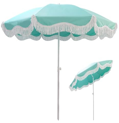 XQJLBZA 200 CM Gartenschirm mit Quasten, Tragbarer Sonnenschirm für den Außenbereich, Strandschirm mit Neigungsfunktion, UV50+ Sonnenschutz, 8 Stabile Streben(Green)