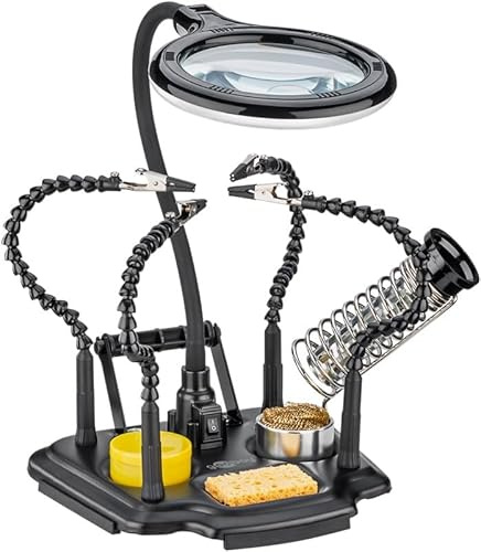 goobay Löthilfe mit 4 flexiblen Schwanenhals Armen und Krokodilklemmen, LED Lupe mit USB-C, Dritte Hand, Für Löt und Bastelarbeiten, Lötkolbenhalterung - mit Lötzinnhalter, Lötschwamm, Lötharz - 76558