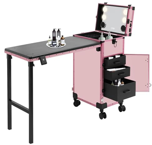 Soudesileim Maquillaje plegable con mesa, triple seguridad, gran compartimento, 3 cajones, maleta cosmética con espejo luminoso, carro de belleza con ruedas (negro, rosa)