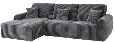 Furnishings For Less UK Vinci Chunky Cord Grey Left Hand Facing Corner Sofa 4 Seater L Shaped Chaise Large Living Room Seating (Grey, Left Hand Facing)