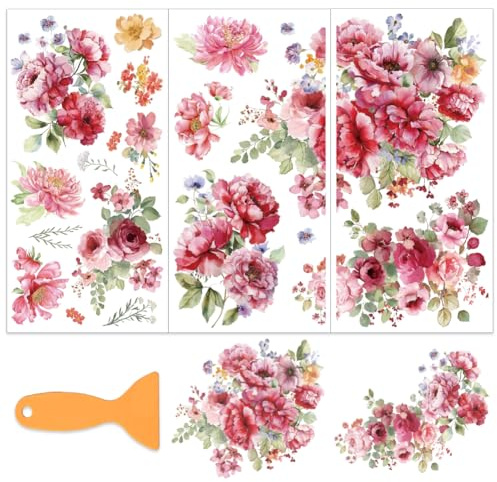 OLYCRAFT 3 Stück/Set Aquarellrosen Transferfolien Zum Aufreiben Für Möbel Und Bastelarbeiten 15x30cm Rosa Blumen Möbel Transferaufkleber Mit 1 Teiligem Schaber Für Scrapbooking Dekorationen