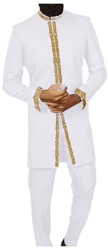 Generisch Suit 54 Men's Suit Trouser Suit Embroidered Crew Neck Long Sleeve Solid Color Two Piece Social African National Men's Clothing National Style with Heating Men, White, M