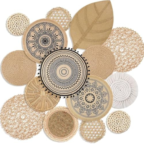 Xiyocadt Boho Wandkorb Dekoration, Hängende Rattan Geflechtkörbe, Rustikale Wandkunst Dekoration für Wohnzimmer, Schlafzimmer, Esszimmer (15A teiliges)
