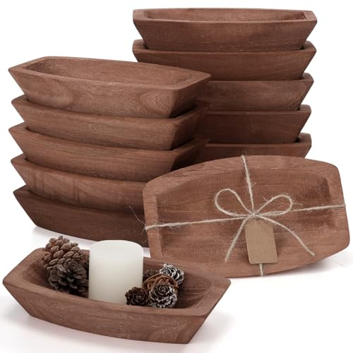 Tioncy 12 Pcs Wooden Dough Bowls for Candle Making Rustic Decorative Wood Dough Bowls Bulk for Decor with Cards, Hand Carved Paulownia Wood, for Christmas Decor Gifts Farmhouse Tray(Boat Shape)