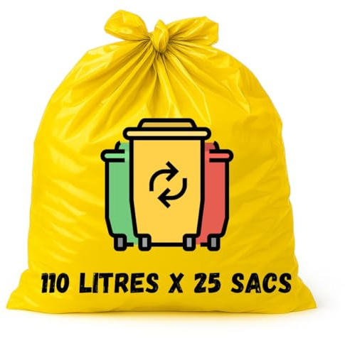 Bolsa de basura amarilla de clasificación selectiva – Lote de 25 bolsas ultra resistentes 30 micras – 4 capacidades (30L, 50L, 100L, 110L) – residuos de reciclaje de plástico, cartón, embalaje (110