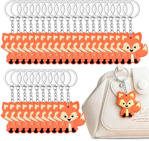 NEWJEK 30 piezas llavero zorro PVC anilla metal set | Material suave resistente, enganche aleación, diseño animal bosque, regalo escolar premio, mochila decoración, colección