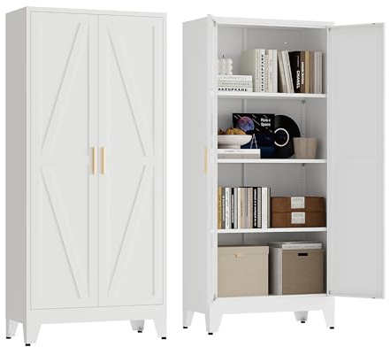 XIUSVON 61 Tall Pantry Cabinet, White Metal Pantry Storage Cabinet, Kitchen Pantry Storage Cabinets with 2 Door and 3 Adjustable Shelves (White, 61 H)