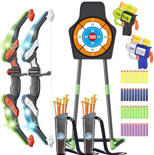 ASTRAEA 2 Pack Bow and Arrow for Kids, LED Light Up Archery Set with Shooting Game Toy & Cup Suction Standing Target for Boys and Girls Age 5 6 7 8 9 10 11+, Indoor Outdoor Activity Gift for Christmas