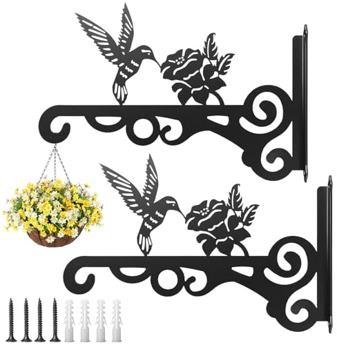 VEGCOO 2 Packs Iron Plant Hangers, Black Hanging Basket Bracket with 4 Pairs Screws, Metal Outdoor Lanterns Hangers, Heavy Duty Wall Mounted Plant Hooks for Plants, Lanterns, Bird Feeders