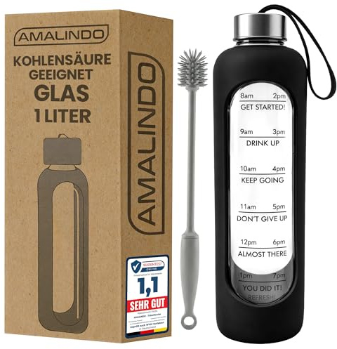 Amalindo Gourde en verre 1 l avec coque en silicone noir