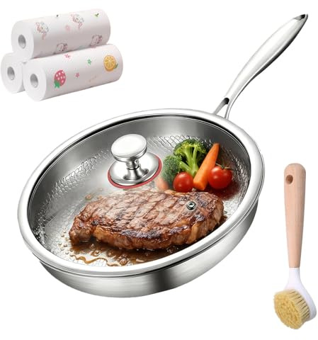Sarten de Titanio Puro Antiadherente, Sarten Acero 304 Con Titanio, Sin Recubrimientos y Resistente a Los Arañazos, Calentamiento Rápido y Uniforme, Compatible Con Todas Las Placas (Con tapa, 24cm)