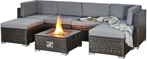 Aweather 6 Seater Modular Corner Rattan Garden Furniture Set with Fire Pit Table, PE Rattan Outdoor Patio Sofa Set, Outdoor Garden Furniture & Seating for Garden, Patio & Conservatory