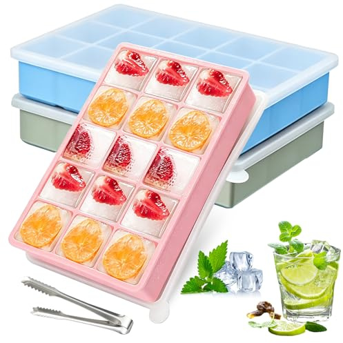 3 Stück Eiswürfelform Silikon mit Eisklammer,15 Fach Quadratische Eiswürfelbehälter mit Deckel BPA-frei Wiederverwendbar Ice Cube Tray für Getränke, Whiskey, Cocktail，Kaffee(Blau+Rosa+Grün)