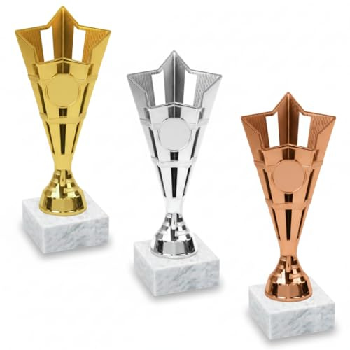 Tris Coppe Fantacalcio | Set 3 Trofei Stella Personalizzati con Targhetta in Alluminio Stampata – Oro, Argento, Bronzo – Premi Prima, Seconda e Terza Classifica Fantalega
