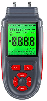 Tomvorks Digital Dubbelportsmanometer för Gastryckstestning med LCD-skärm med Bakgrundsbelysning, Batteri eller USB-driven för Industriellt Bruk