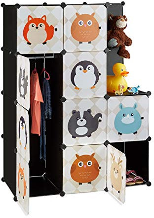 Relaxdays, bunt Steckregal Kinderzimmer, Tiermotive, Kunststoff Stecksystem, m. Türen, Kleiderschrank, m. Kleiderstange, Standard