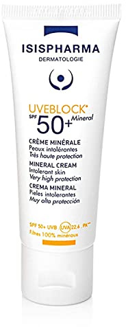 ISISPHARMA UVEBLOCK SPF 50+ Minérale - Très Haute Protection Solaire 100% Minérale - Peaux Sensibles - Résistant à l’eau - Sans traces - Fabriqué en France