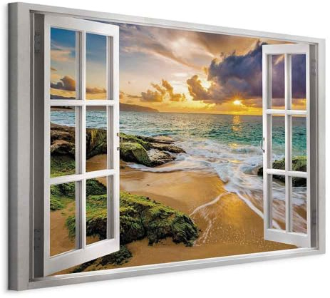 murando Cuadro en Lienzo Vista de la Ventana 120x80 cm 1 parte Impresión en material tejido no tejido impresión artística fotografía decoración de pared Playa Mar Paisaje Naturaleza c-C-0373-b-a