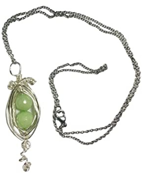 Ann Peden Jewelry Two Peas in a Pod Hand Wire Wrapped Necklace with 2 faceted apple green gemstone peas, comes on a 20 inch chain