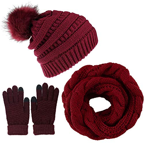 CheChury Damen Kombi Set Schal Mütze Set Loop Schal Gestrickt Beanie Strickmütze Fleece Bommelmütze Pompon Touchscreen-Handschuhe Strick mit Kreis Geschenkset für Frauen,Weinrot