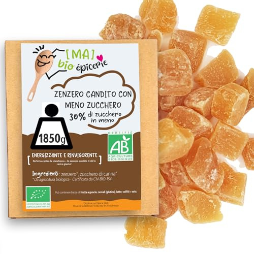 [MA] bio-épicerie | Zenzero candito BIO a cubetti con basso contenuto di zuccheri | 1.850kg | Sfuso in confezione | Certificato biologico | Frutta candita di alta qualità | Zenzero disidratato
