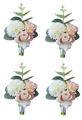 KiKom Wedding Boutonniere White Boutonniere Handmade Corsage Buttonhole Flowers with Pin and Clip Artificial Wedding Flower for Men Groom Bride Banquet Party Decor (Pack of 4)