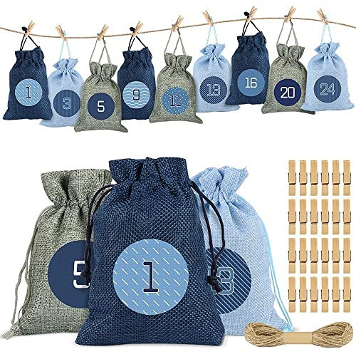 Sprinlot Adventskalender zum Befüllen Säckchen, 24 Weihnachtskalender Stoffbeutel, Adventskalender Säckchen Wiederverwendbar, Weihnachtskalender Jutesäckchen, Adventskalender Stoffsäckchen