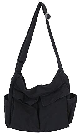 HUALEENA Umhängetasche aus Segeltuch für Damen, große Messenger-Taschen, Reise-Schultertasche, mehrere Taschen, schwarz, Large