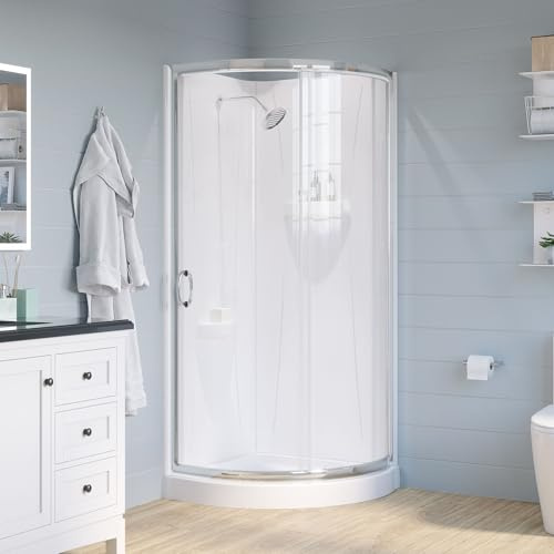 OVE Decors Breeze 34 in. Corner Shower Clear Sliding Door with Walls and Base in Satin Nickel Finish